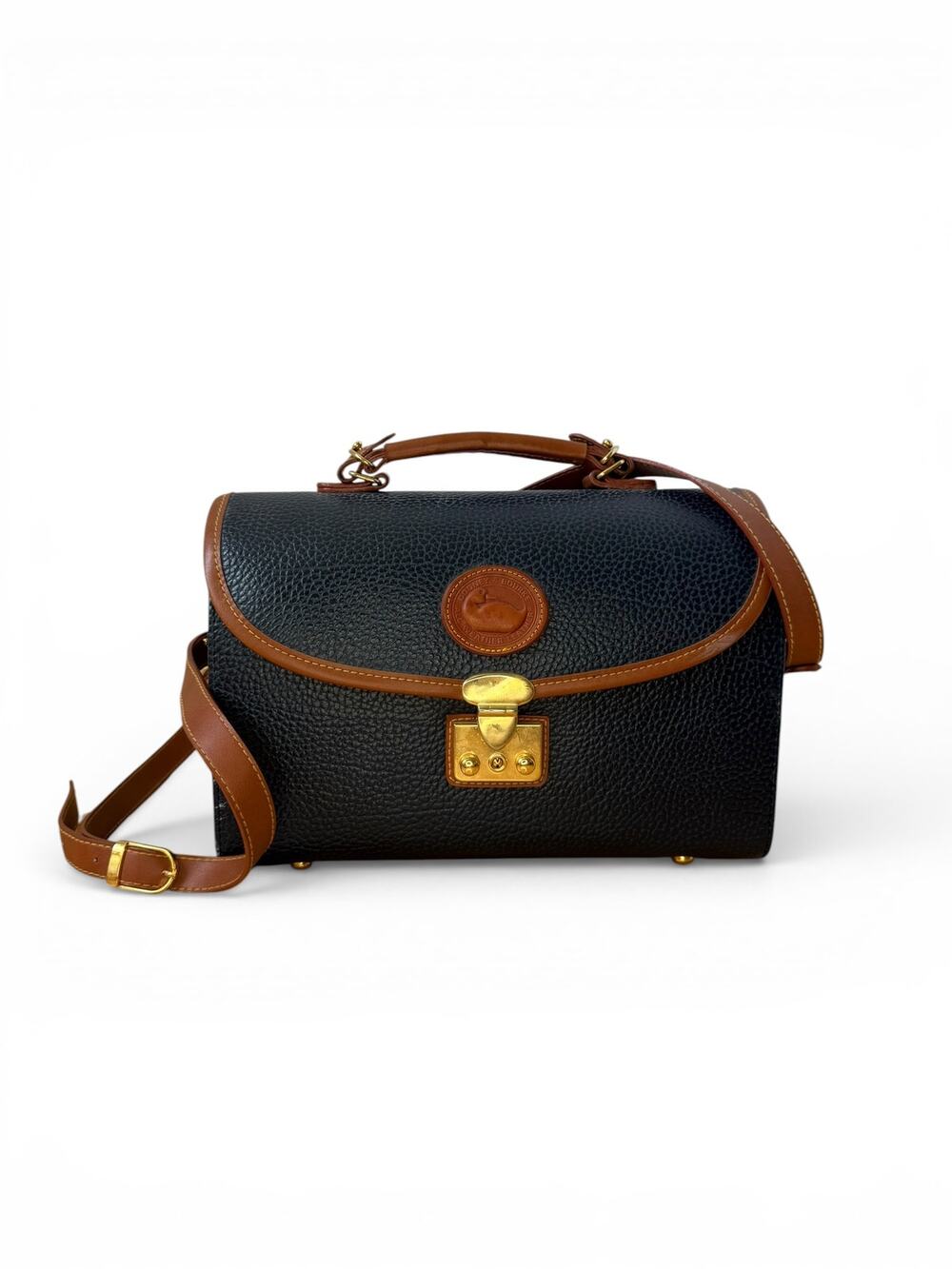 Vintage 80's 90's Dooney & Bourke All Weather Leather Hard Case Satchel Bag Navy